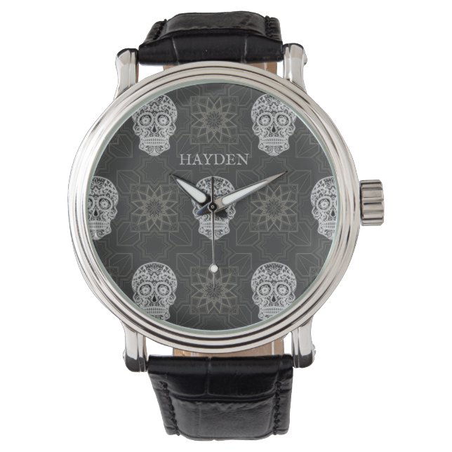 Gothic Sugar Skull and Grey Geometric Pattern Watch (Front)