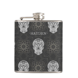 Gothic Sugar Skull and Grey Geometric Personalised Hip Flask