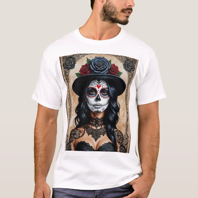 Gothic Sugar Skull Beauty T Shirt Vintage Art (Front)