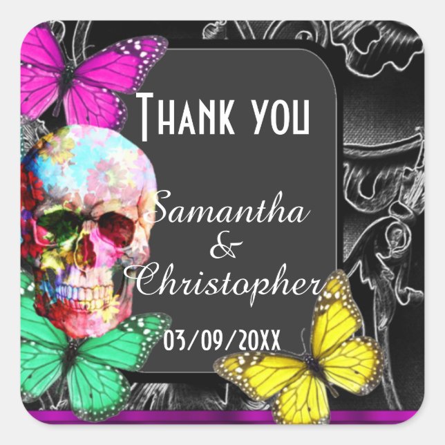 Gothic sugar skull black wedding  thank you square sticker (Front)