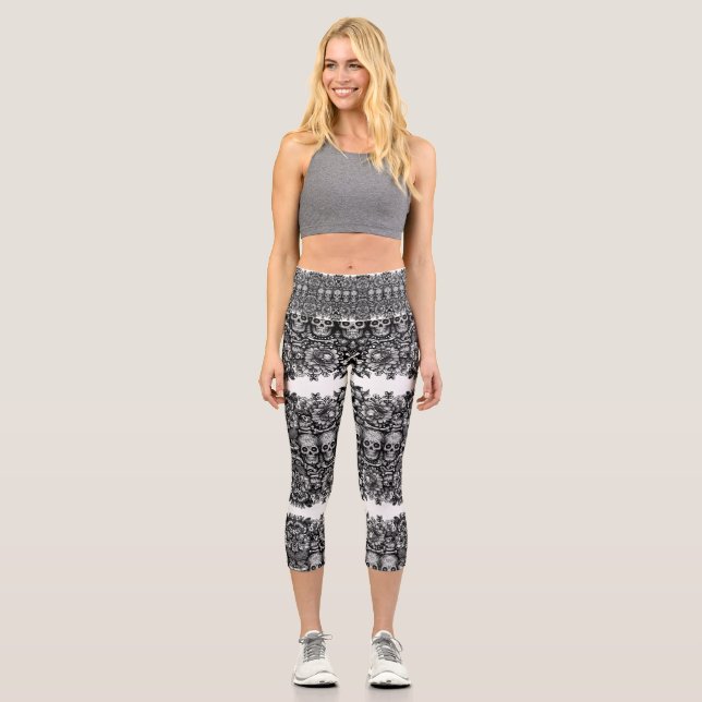 Gothic Sugar Skull Floral Black & White Capri Leggings (Front)