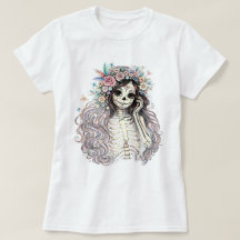 Gothic Sugar Skull Girl Floral Crown T-Shirt