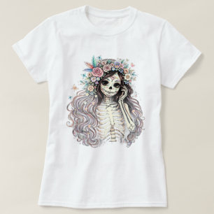 Gothic Sugar Skull Girl Floral Crown T-Shirt