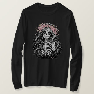 Gothic Sugar Skull Girl with Pink Floral CrT-Shirt T-Shirt
