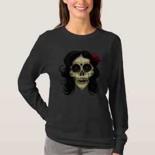 Gothic Sugar Skull Woman Red Rose Day of the Dead T-Shirt
