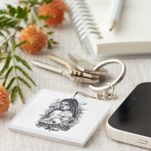 Gothic Sugar Skull Woman Tattoo Art Key Ring