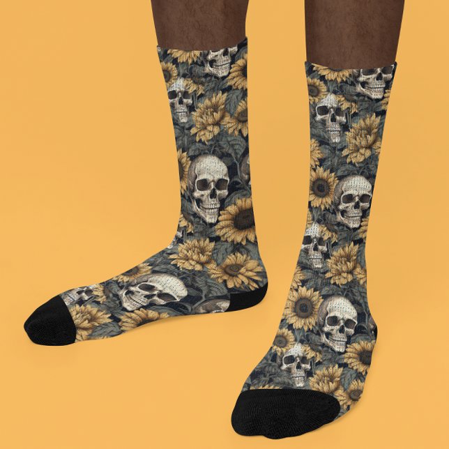 Gothic Sunflower Skull Flower pattern Socks (Creator Uploaded)