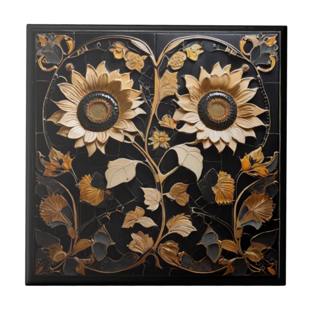 Gothic Sunflowers - Gold Black Faux Relief Flower Tile (Front)