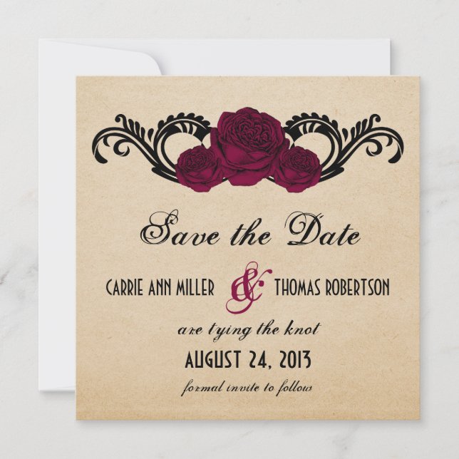 Gothic Swirl Roses Save the Date Invite, Fuchsia (Front)