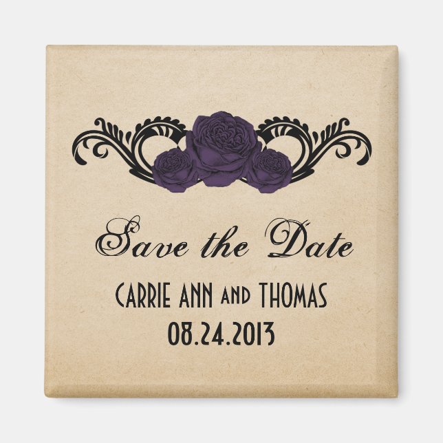 Gothic Swirl Roses Save the Date Magnet, Purple Magnet (Front)