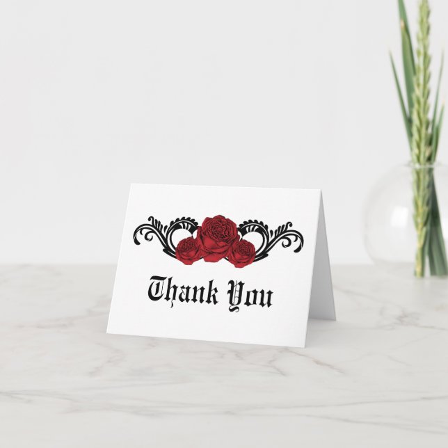 Gothic Swirl Roses Thank You Card, Red (Front)