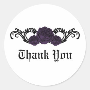 Gothic Swirl Roses Thank You Stickers, Purple Classic Round Sticker