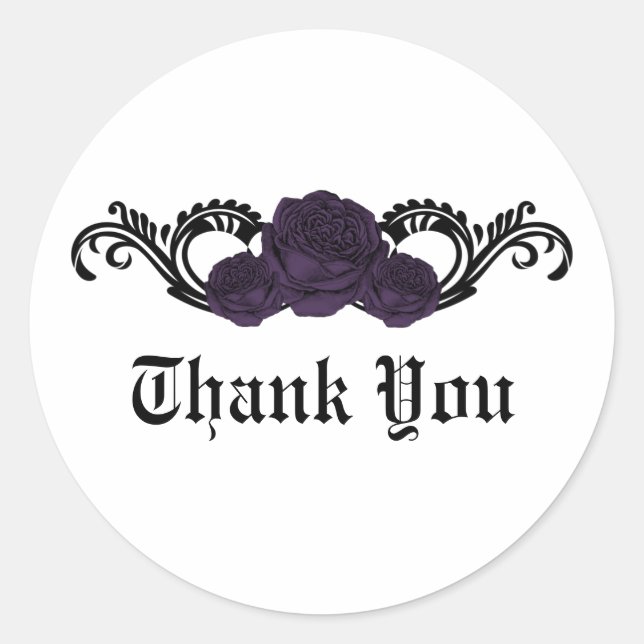 Gothic Swirl Roses Thank You Stickers, Purple Classic Round Sticker (Front)