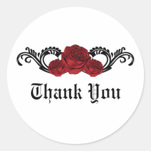 Gothic Swirl Roses Thank You Stickers, Red Classic Round Sticker