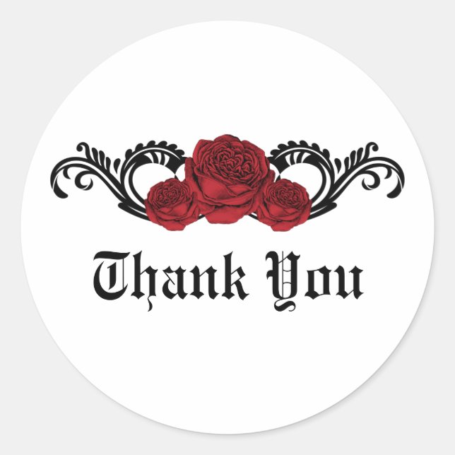 Gothic Swirl Roses Thank You Stickers, Red Classic Round Sticker (Front)
