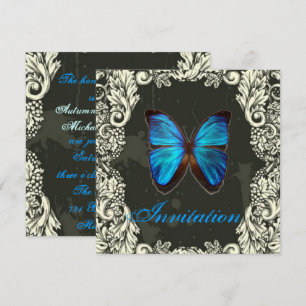 Gothic Swirls Blue Butterfly steampunk Wedding Invitation