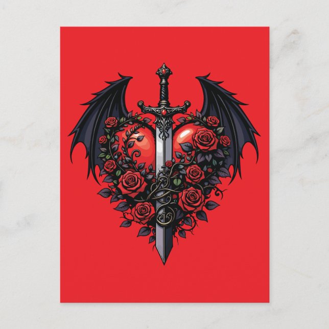 Gothic Sword Heart with Bat Wings  Postcard (Front)
