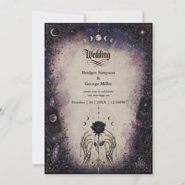 Gothic Tarot Moon Rose Skeleton Wedding  Invitation (Front)