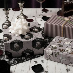 Gothic Taupe Grey Skulls and Stripes Halloween  Wrapping Paper Sheet