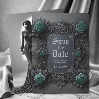 Gothic Teal Blue Grey Floral Photo Save the Date