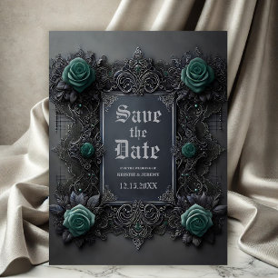 Gothic Teal Blue Roses on Grey Save the Date Announcement Postcard