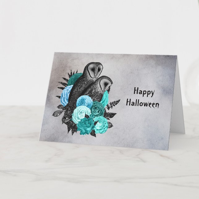 Gothic Teal Floral Owls Halloween Card (Creator Uploaded)