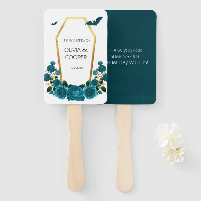 Gothic Teal Florals and a Gold Coffin Wedding Hand Fan (Front and Back)