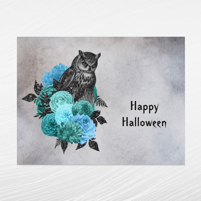 Gothic Teal Flowers Owl Halloween Holiday Postcard (Creator Uploaded)