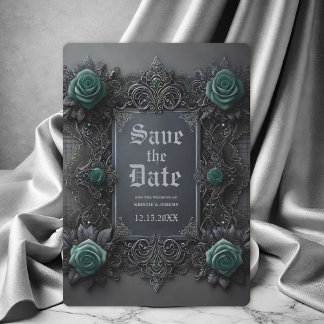 Gothic Teal Grey Floral Wedding Save the Date
