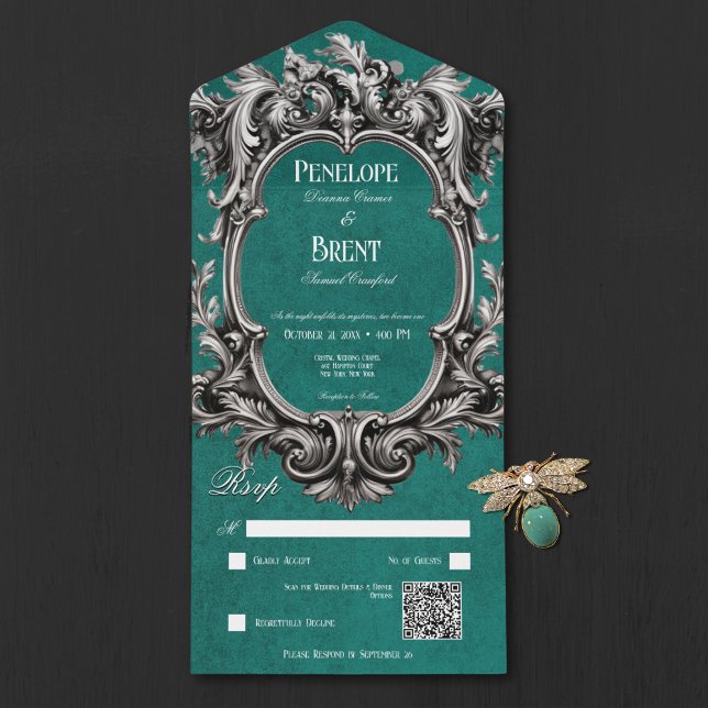 Gothic Teal Moody Victorian Frame QR Code All In One Invitation (Gothic Teal Moody Victorian Frame QR Code All In One Invitation)
