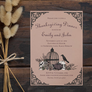 Gothic Thanksgiving Dinner Skulls, Pumpkin, Raven Invitation