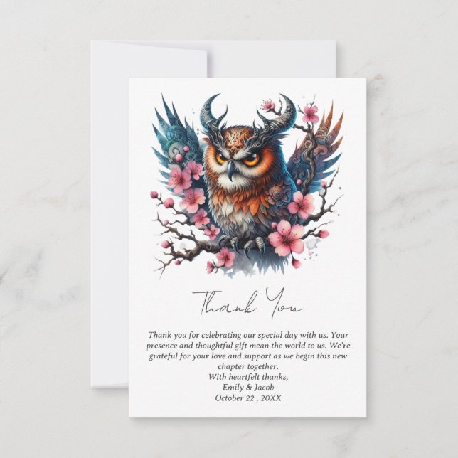  Gothic Theme Funny Owl Floral Wedding Thank You Card (Front)