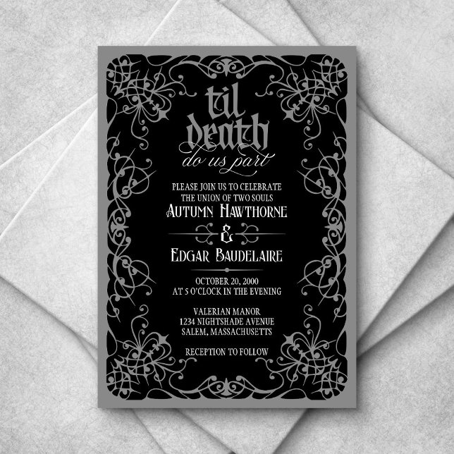 Gothic Til Death Grey Black Wedding Invitation (Creator Uploaded)