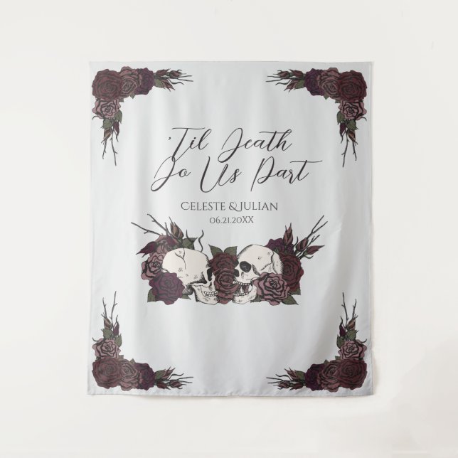 Gothic Til Death Light Gray Floral Skull Tapestry (Front)