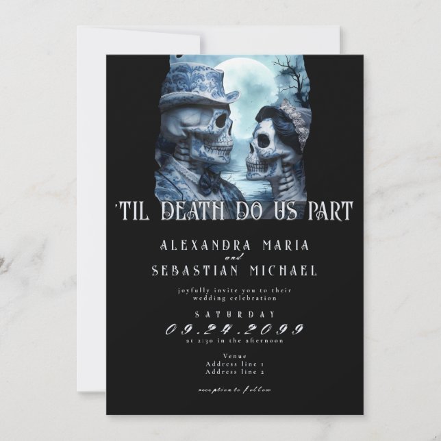 Gothic Till Death Porcelain Skulls Moon Wedding Invitation (Front)
