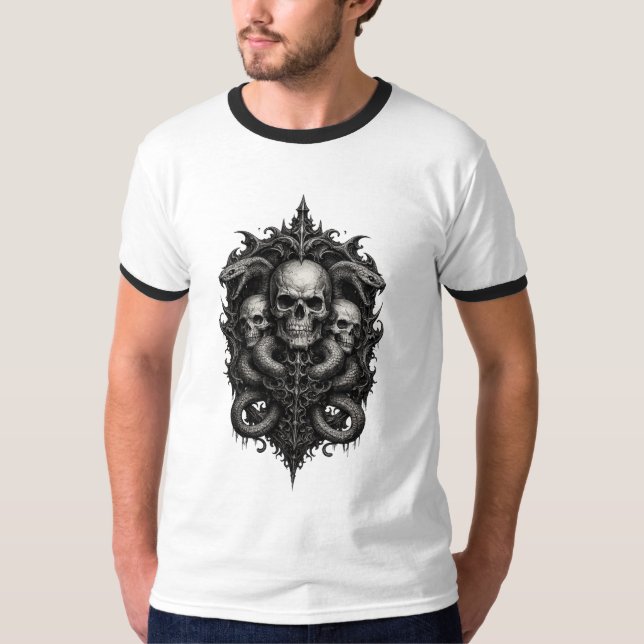 Gothic Triple Skull Ornate Crest  T-Shirt (Front)