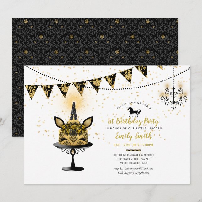 Gothic Unicorn 1st Birthday Invites Black Gold (Front/Back)