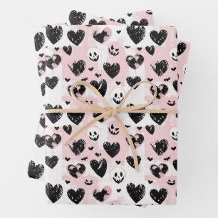 Gothic Valentine Black and Pink Hearts Wrapping Paper Sheet
