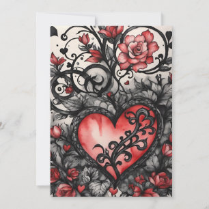 Gothic Valentine Red & Black Hearts & Roses Holiday Card
