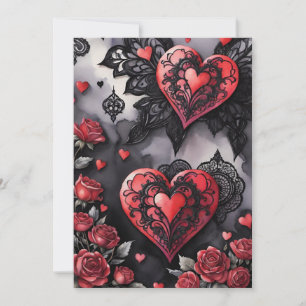 Gothic Valentine Red Hearts Black Lace & Roses Holiday Card