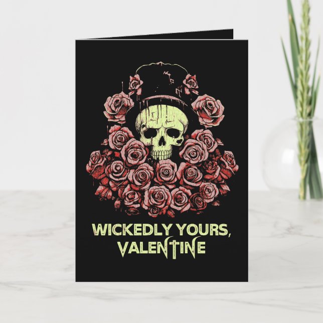 Gothic Valentine Skull with Roses Card (Front)
