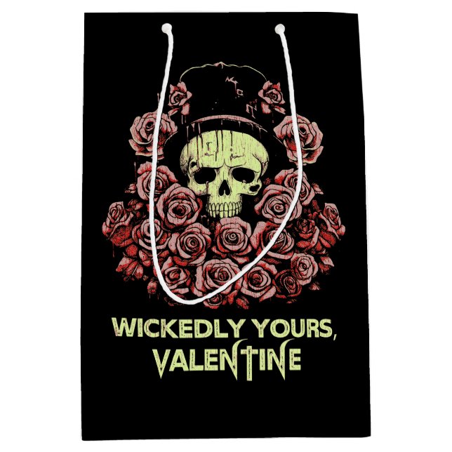 Gothic Valentine Skull with Roses Medium Gift Bag (Front)
