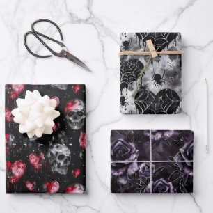 Gothic Valentine Skulls Roses Hearts Wrapping Paper Sheet