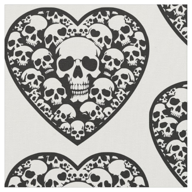gothic valentines black heart skull  fabric (Close Up)