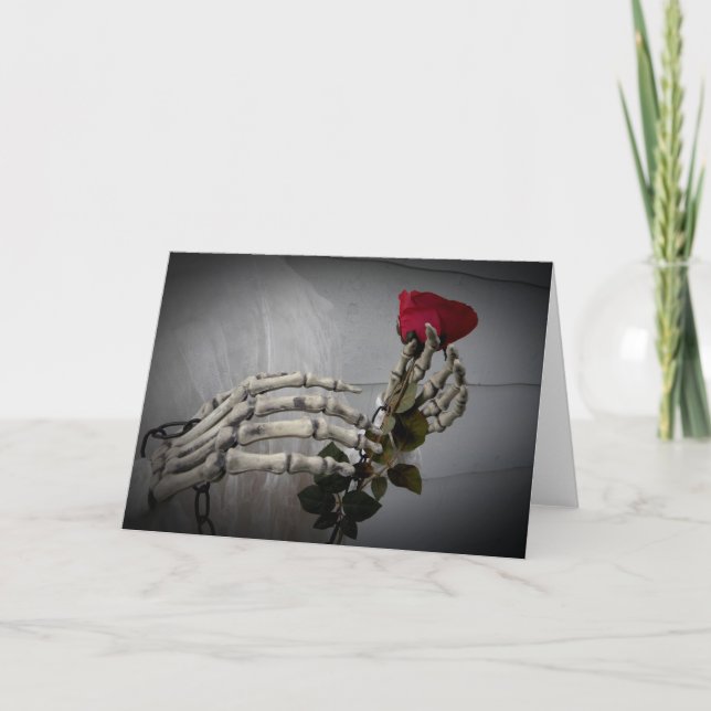 Gothic Valentine's day skeleton holding a rose Holiday Card (Front)