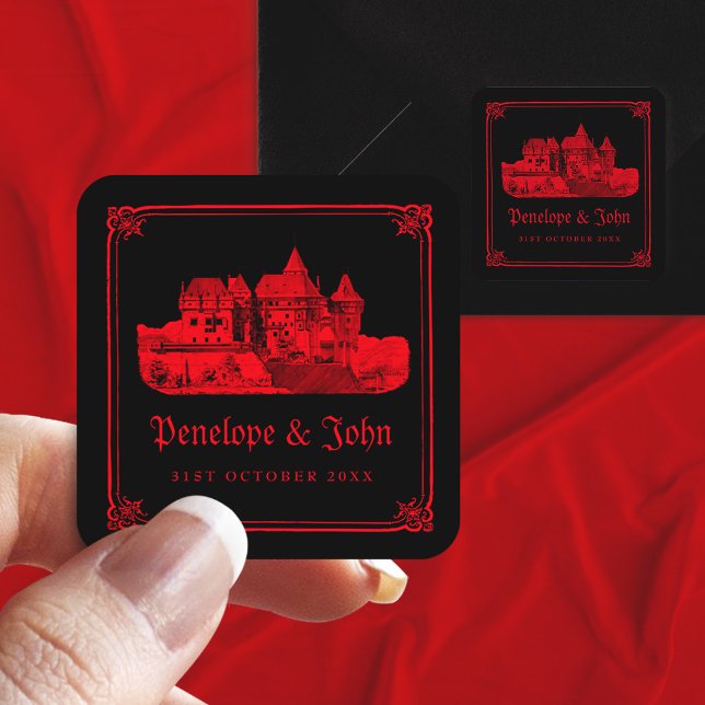 Gothic Vampire Castle Black Red Wedding Square Sticker (Gothic Vampire Castle Black Red Wedding Square Sticker)
