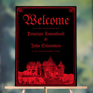 Gothic Vampire Castle Border Black Red Wedding  Acrylic Sign
