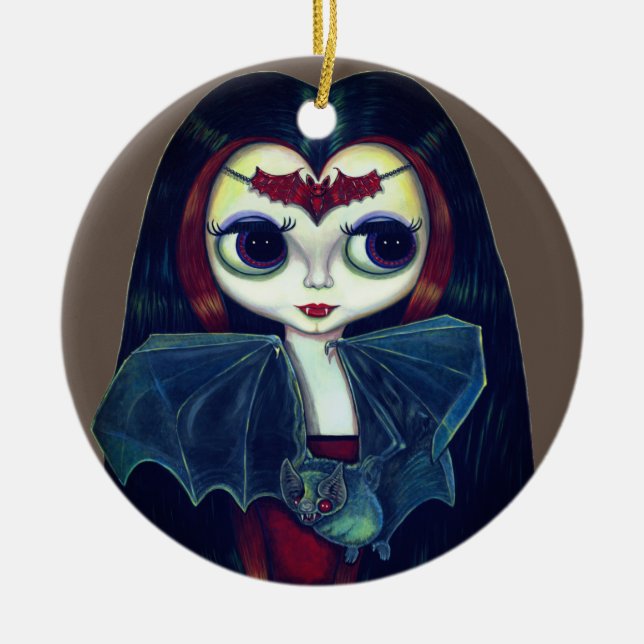 Gothic Vampire Girl with Bat Big Eyes Cute Ceramic Tree Decoration (Front)