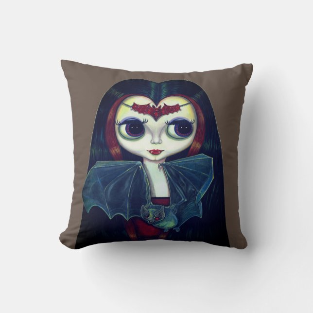 Gothic Vampire Girl with Bat Big Eyes Cute Cushion (Front)