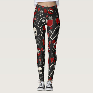Gothic Vampire Pattern | Red Roses Bats Skulls & P Leggings